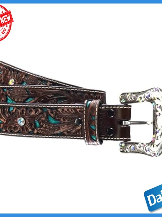 Small Leather Belt with Removable Buckle, Turquoise Inlay, Rhinestones main image 5